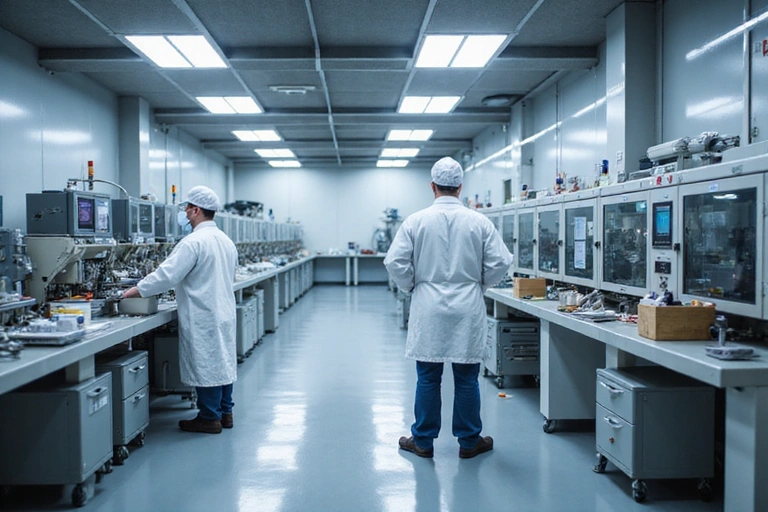 Imagine reprezentând o fabrică modernă de suplimente alimentare, cu echipamente de ultimă generație și personal în echipament de protecție, simbolizând evoluția și capacitatea de producție a GlucoVigor.