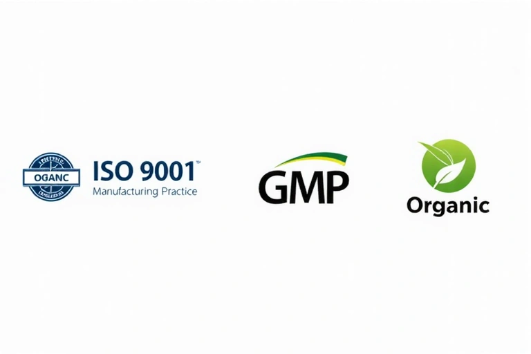 Imagine cu logo-uri stilizate de certificări de calitate (ISO, GMP, Organic) afișate pe un fundal curat, simbolizând recunoașterea și conformitatea GlucoVigor.