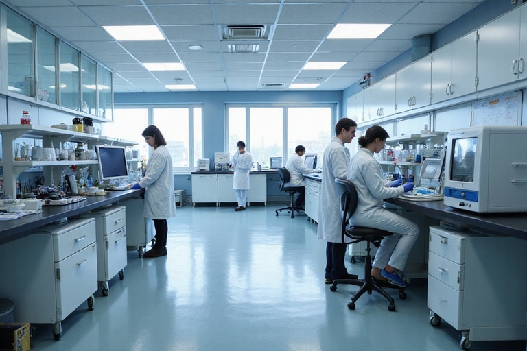 Imagine detaliată a unui laborator modern, cu echipamente de analiză de ultimă generație și tehnicieni în halate albe, simbolizând controlul riguros al calității.