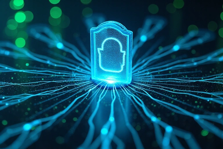 Ilustrație de securitate cibernetică, cu un scut digital și rețea securizată.