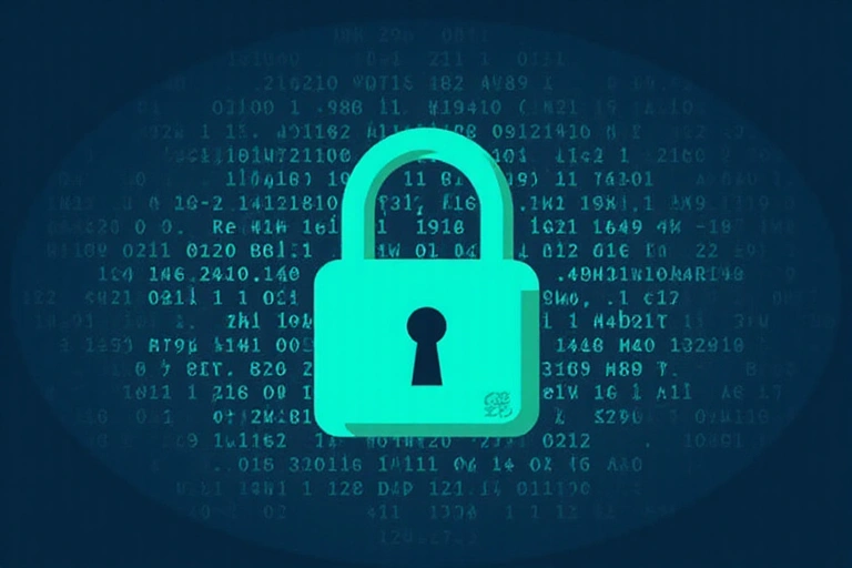 Ilustrație pentru confidențialitatea datelor, cu un lacăt și date digitale.