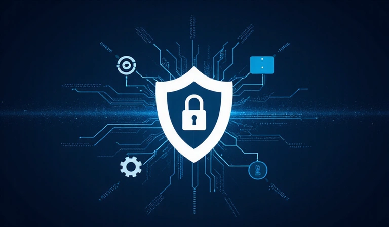 Imagine abstractă reprezentând securitatea datelor, cu un scut și simboluri de protecție a confidențialității.